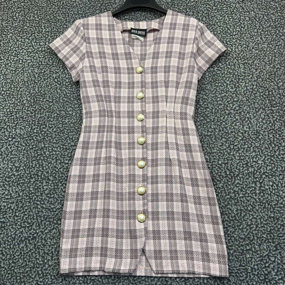 Vintage Byer Mini Dress Women 7 Pink Plaid Button Up Short Sleeve V-Neck